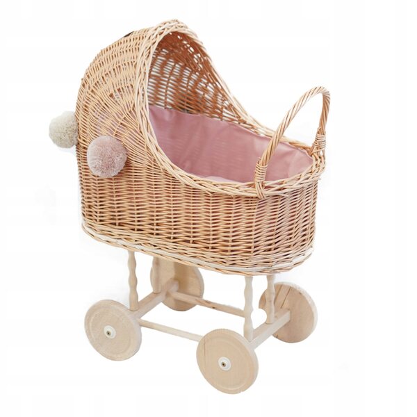 Puppenwagen aus Naturgeflecht mit Pompon und rosa Innenfutter