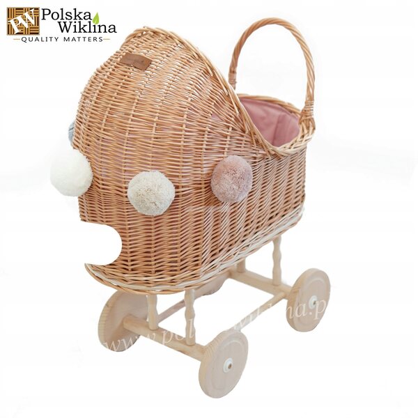Puppenwagen aus Naturgeflecht mit Pompon und rosa Innenfutter