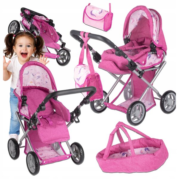 3-in-1-Puppenkinderwagen mit Wiege, Babywanne und verstellbarer Luna-Einhorn-Tasche