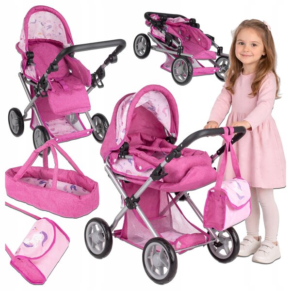 3-in-1-Puppenkinderwagen mit Wiege, Babywanne und verstellbarer Luna-Einhorn-Tasche