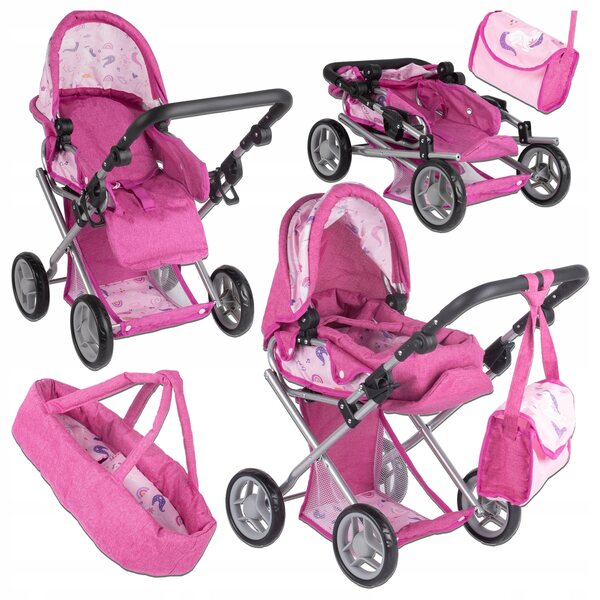 3-in-1-Puppenkinderwagen mit Wiege, Babywanne und verstellbarer Luna-Einhorn-Tasche