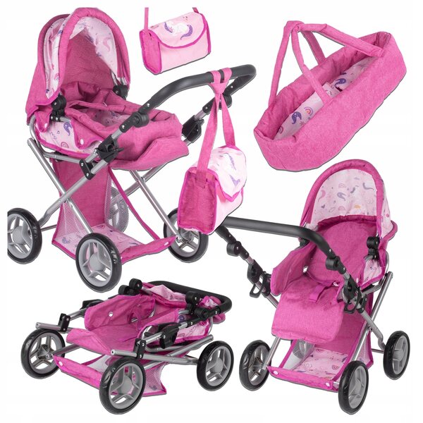 3-in-1-Puppenkinderwagen mit Wiege, Babywanne und verstellbarer Luna-Einhorn-Tasche