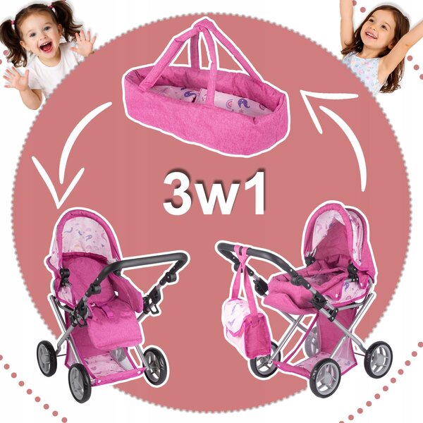 3-in-1-Puppenkinderwagen mit Wiege, Babywanne und verstellbarer Luna-Einhorn-Tasche