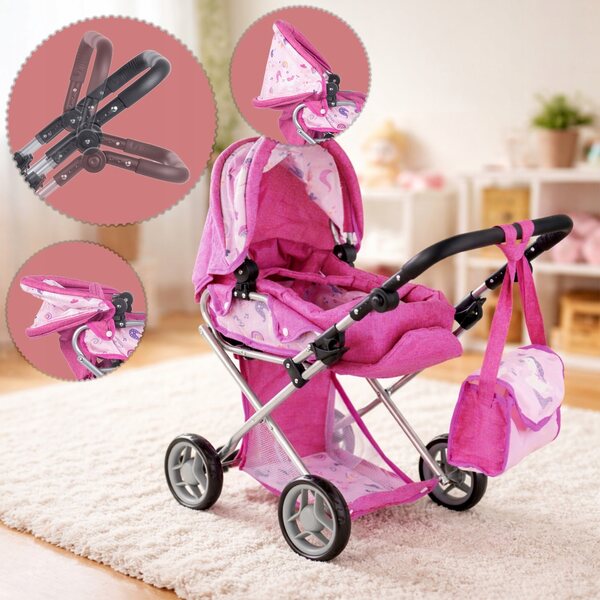 3-in-1-Puppenkinderwagen mit Wiege, Babywanne und verstellbarer Luna-Einhorn-Tasche