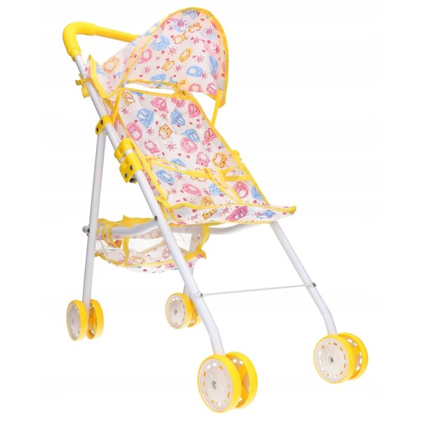 Ein weißer Puppenwagen mit Metallgestell und Klappsitz