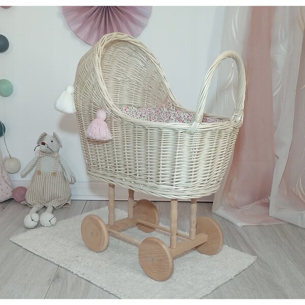 Passeggino per bambole in vimini bianco con biancheria da letto, ruote in legno, prodotto polacco