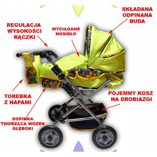 Mega grande passeggino per bambole 3 in 1 regolabile con copertura e cesto