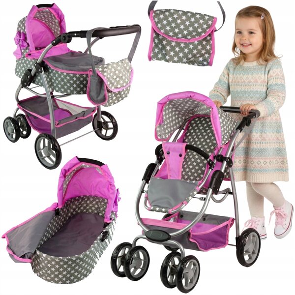 2in1 Puppenwagen, tiefe Gondel, Kinderwagen mit Tasche und Korb