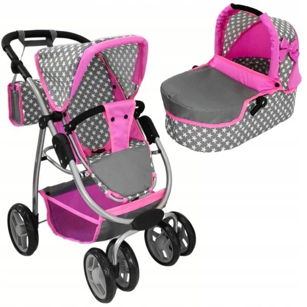 2in1 Puppenwagen, tiefe Gondel, Kinderwagen mit Tasche und Korb