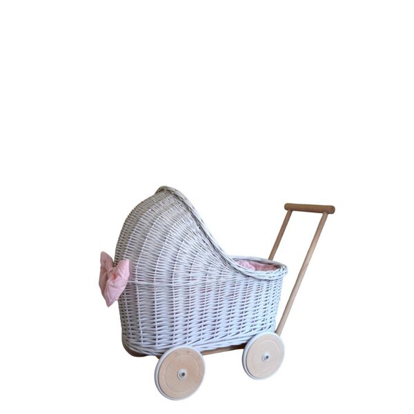 Passeggino per bambole in vimini bianco con pneumatici in gomma e biancheria da letto, spingitore per bambini