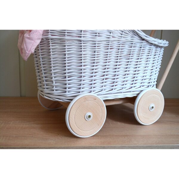 Passeggino per bambole in vimini bianco con pneumatici in gomma e biancheria da letto, spingitore per bambini
