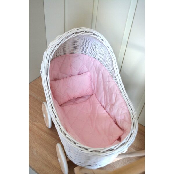 Passeggino per bambole in vimini bianco con pneumatici in gomma e biancheria da letto, spingitore per bambini