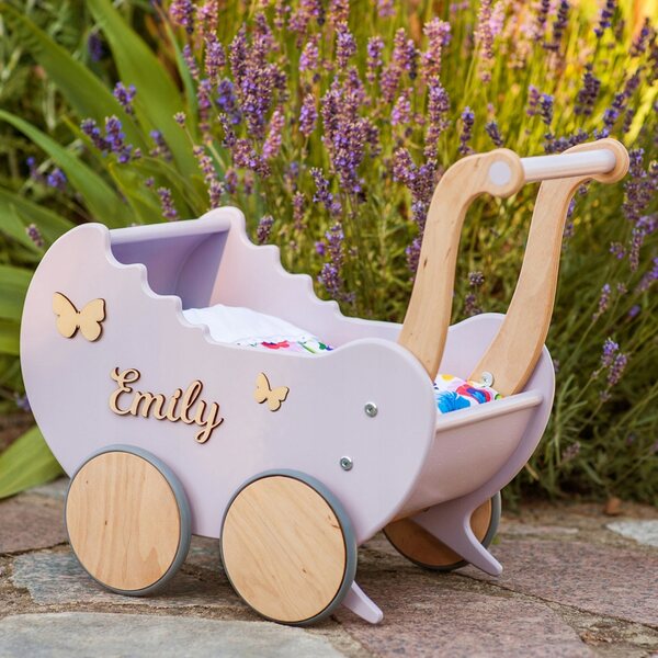 Doll stroller in legno personalizzato con nome - pusher per bambine in colori pastello