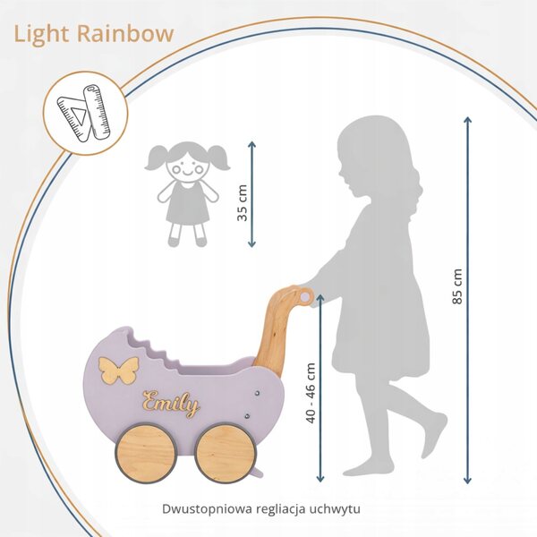 Doll stroller in legno personalizzato con nome - pusher per bambine in colori pastello