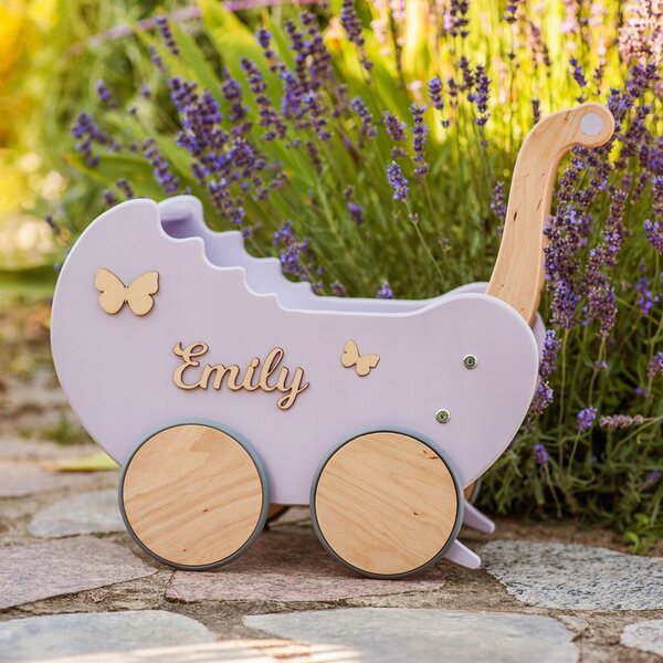 Doll stroller in legno personalizzato con nome - pusher per bambine in colori pastello