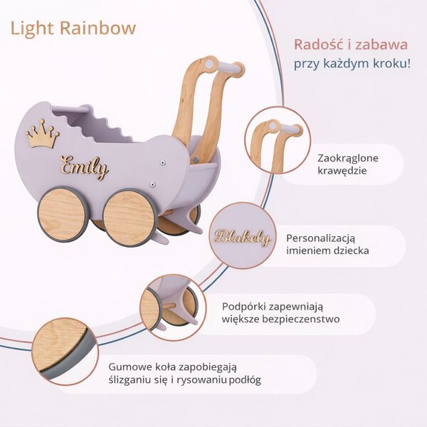 Doll stroller in legno personalizzato con nome - pusher per bambine in colori pastello