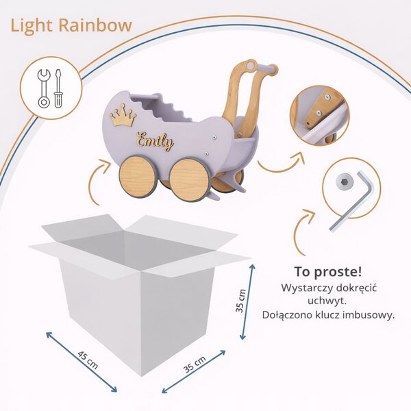 Doll stroller in legno personalizzato con nome - pusher per bambine in colori pastello