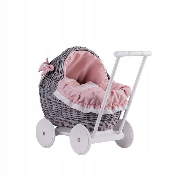 Passeggino per bambole in vimini con finiture rosa, trapunta e cuscino - qualità naturale