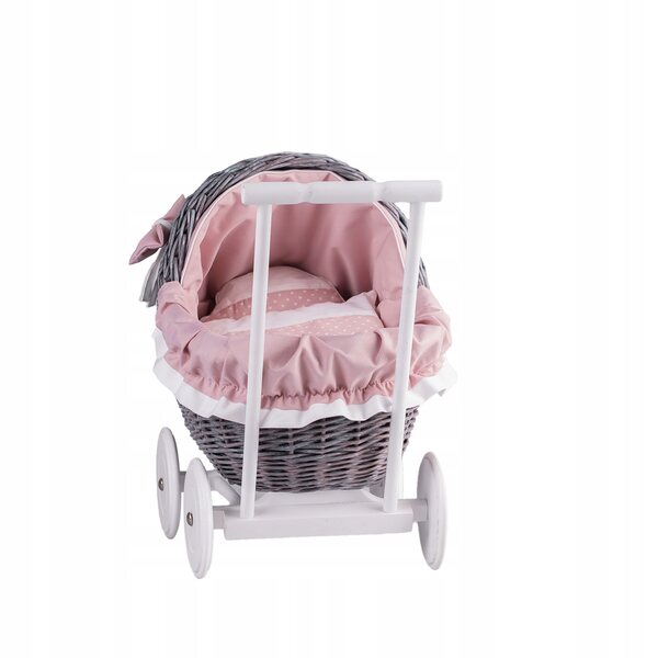 Passeggino per bambole in vimini con finiture rosa, trapunta e cuscino - qualità naturale