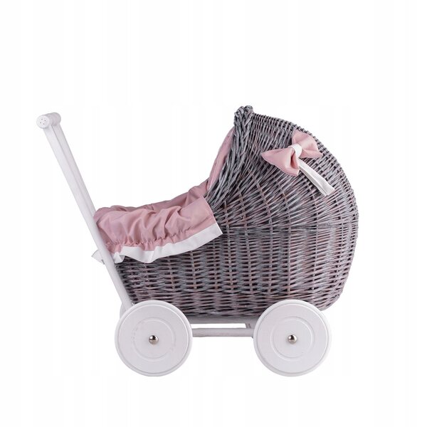 Passeggino per bambole in vimini con finiture rosa, trapunta e cuscino - qualità naturale