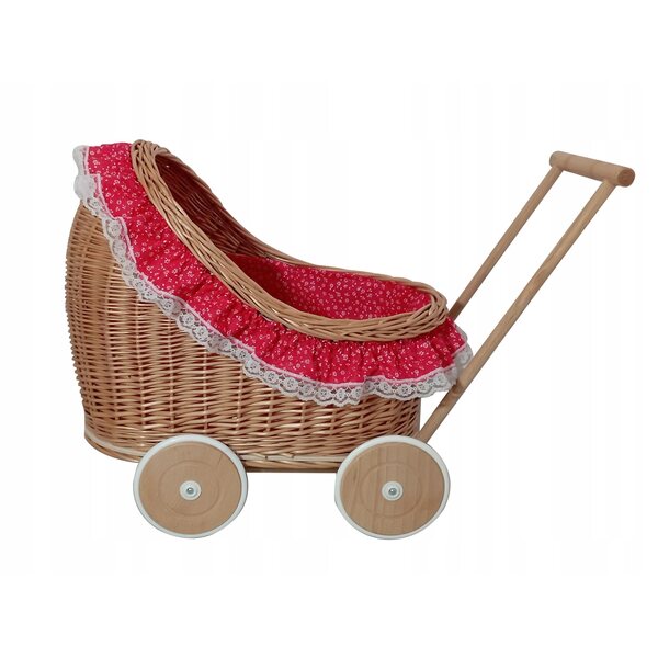 Passeggino per bambole in vimini con biancheria da letto e ruote in legno 45x30x46 cm