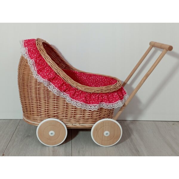 Passeggino per bambole in vimini con biancheria da letto e ruote in legno 45x30x46 cm