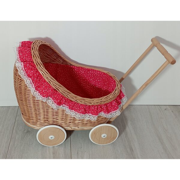 Passeggino per bambole in vimini con biancheria da letto e ruote in legno 45x30x46 cm