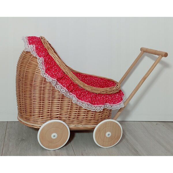 Passeggino per bambole in vimini con biancheria da letto e ruote in legno 45x30x46 cm