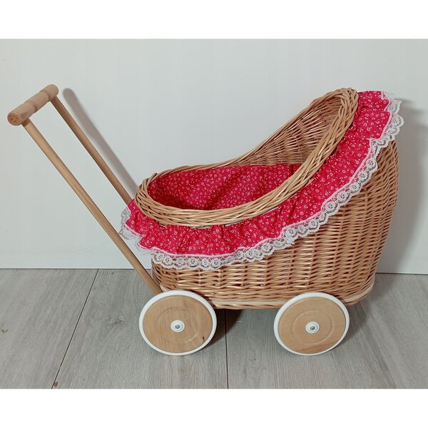Passeggino per bambole in vimini con biancheria da letto e ruote in legno 45x30x46 cm