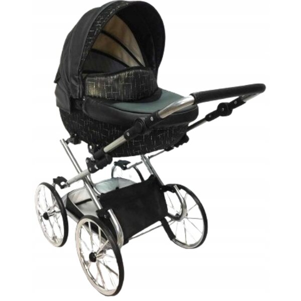 Großer Jackmar Retro-Puppenkinderwagen in Schwarz und Silber für Mädchen von 2 bis 8 Jahren