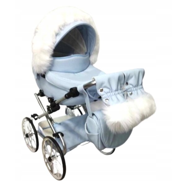 Großer blauer Darsi-Puppenkinderwagen mit silbernem Gestell und Jackmar-Zubehör