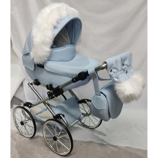 Großer blauer Darsi-Puppenkinderwagen mit silbernem Gestell und Jackmar-Zubehör