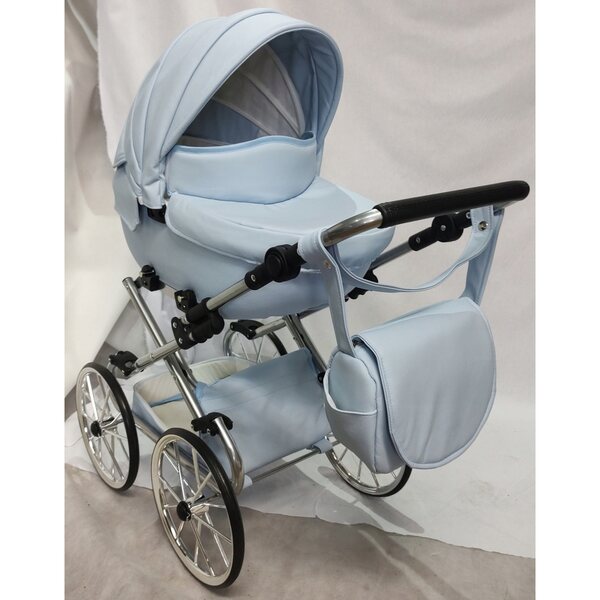 Großer blauer Darsi-Puppenkinderwagen mit silbernem Gestell und Jackmar-Zubehör