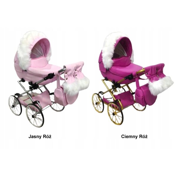 Großer blauer Darsi-Puppenkinderwagen mit silbernem Gestell und Jackmar-Zubehör