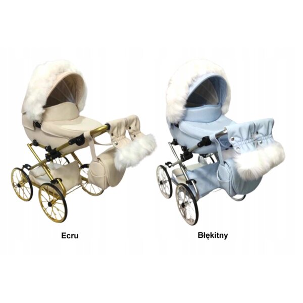 Großer blauer Darsi-Puppenkinderwagen mit silbernem Gestell und Jackmar-Zubehör