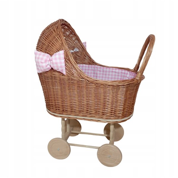 Passeggino per bambole in vimini naturale con lenzuola e fiocchi 45x30x60 cm