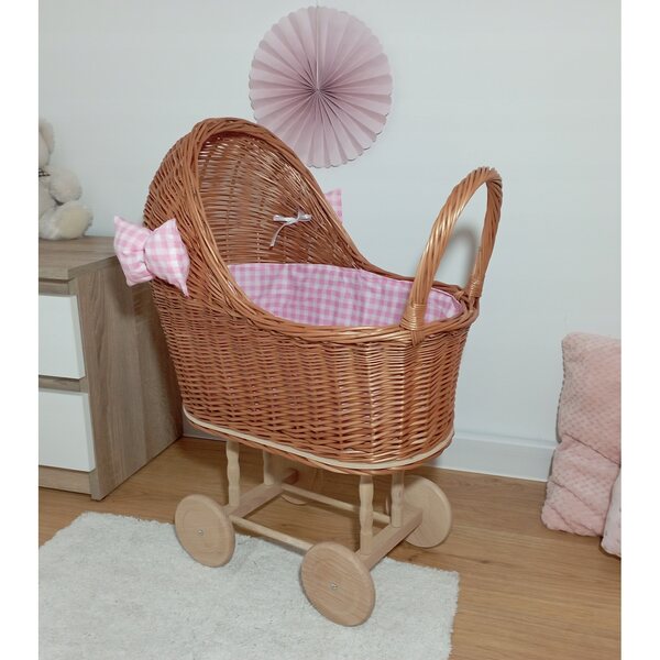 Passeggino per bambole in vimini naturale con lenzuola e fiocchi 45x30x60 cm