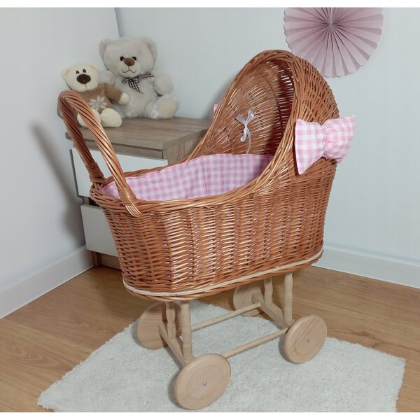 Passeggino per bambole in vimini naturale con lenzuola e fiocchi 45x30x60 cm