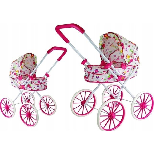 Diepe retro poppenwagen met bloemmotieven en grote wielen, 75 cm