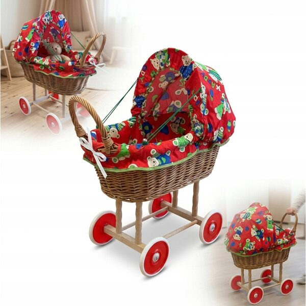 Puppenwagen aus rotem Korbgeflecht mit Verdeck und Peewit-Stubenwagen