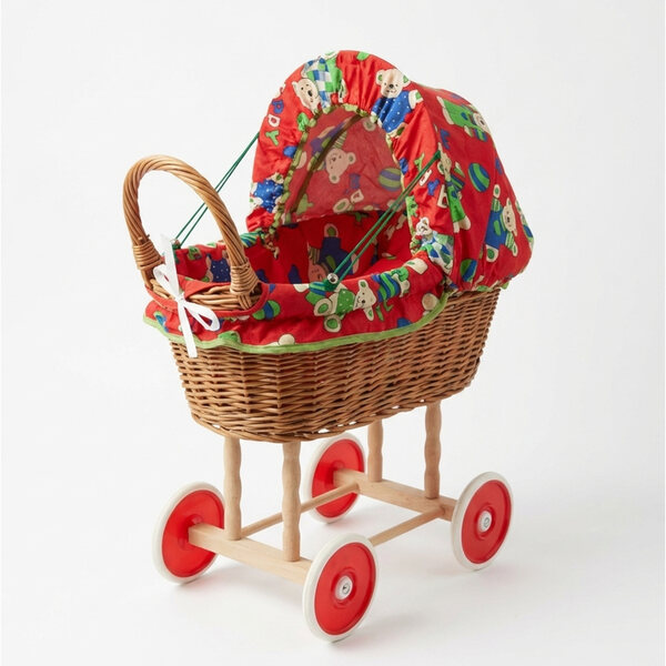 Puppenwagen aus rotem Korbgeflecht mit Verdeck und Peewit-Stubenwagen