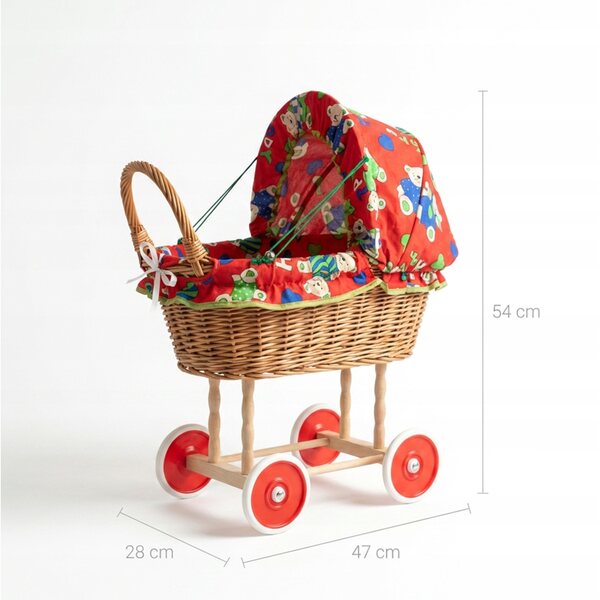 Puppenwagen aus rotem Korbgeflecht mit Verdeck und Peewit-Stubenwagen