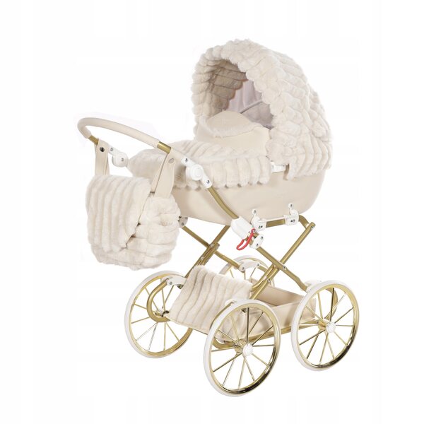 Junama Muffy Mini passeggino per bambole in peluche beige con grandi ruote e maniglia regolabile