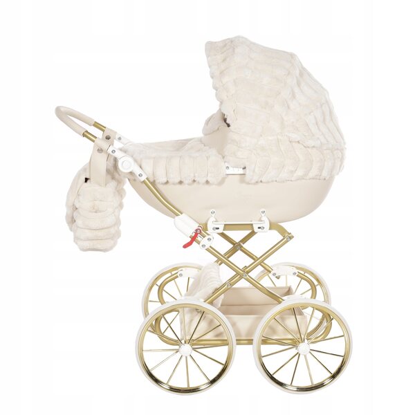 Junama Muffy Mini passeggino per bambole in peluche beige con grandi ruote e maniglia regolabile