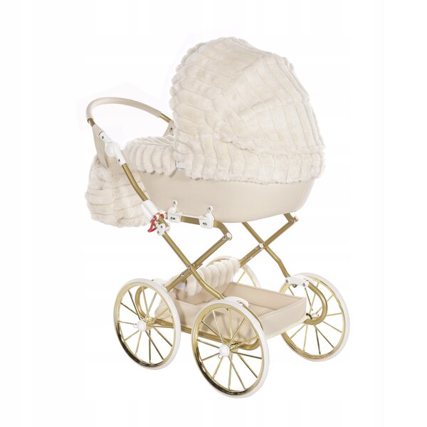 Junama Muffy Mini passeggino per bambole in peluche beige con grandi ruote e maniglia regolabile