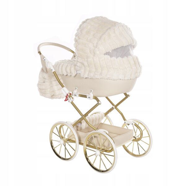 Junama Muffy Mini passeggino per bambole in peluche beige con grandi ruote e maniglia regolabile