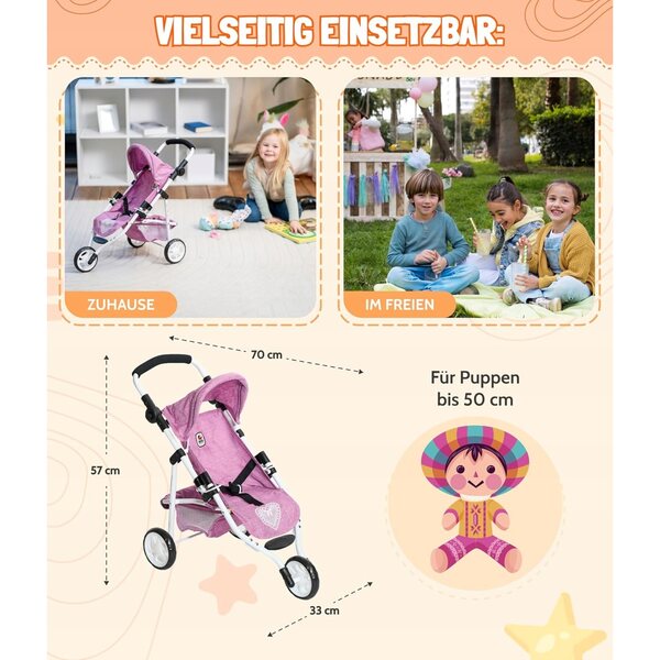 Passeggino giocattolo per bambole 50 cm con manico regolabile e 3 ruote