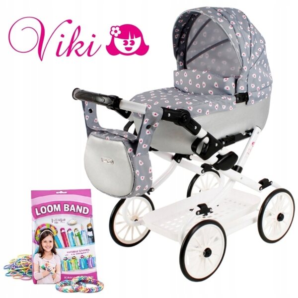 Adbor Viki Deep Puppenwagen mit Tasche und Korb – poliert und faltbar