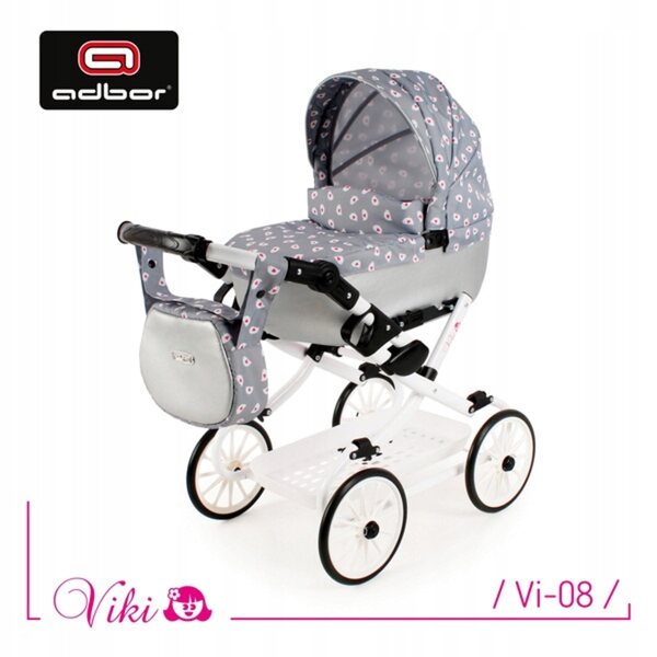 Adbor Viki Deep Puppenwagen mit Tasche und Korb – poliert und faltbar