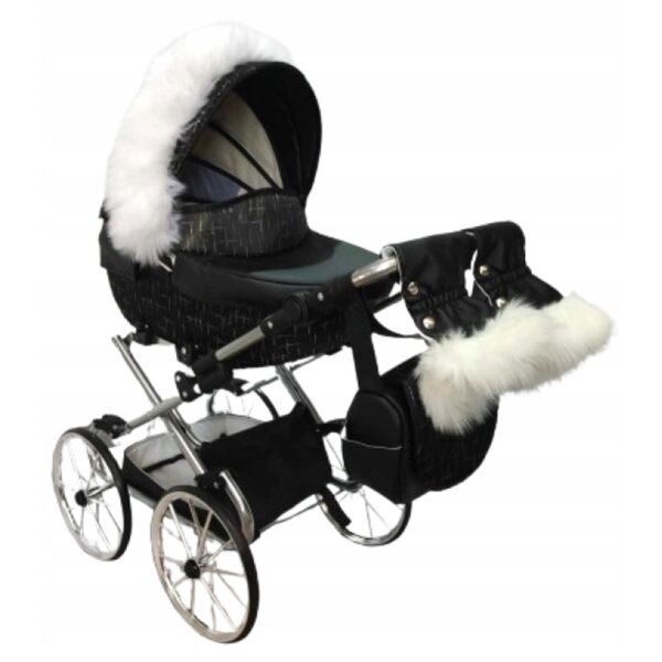 Tiefer Retro-Kinderwagen für Darsi-Puppen, schwarzes Öko-Leder, silberner Rahmen